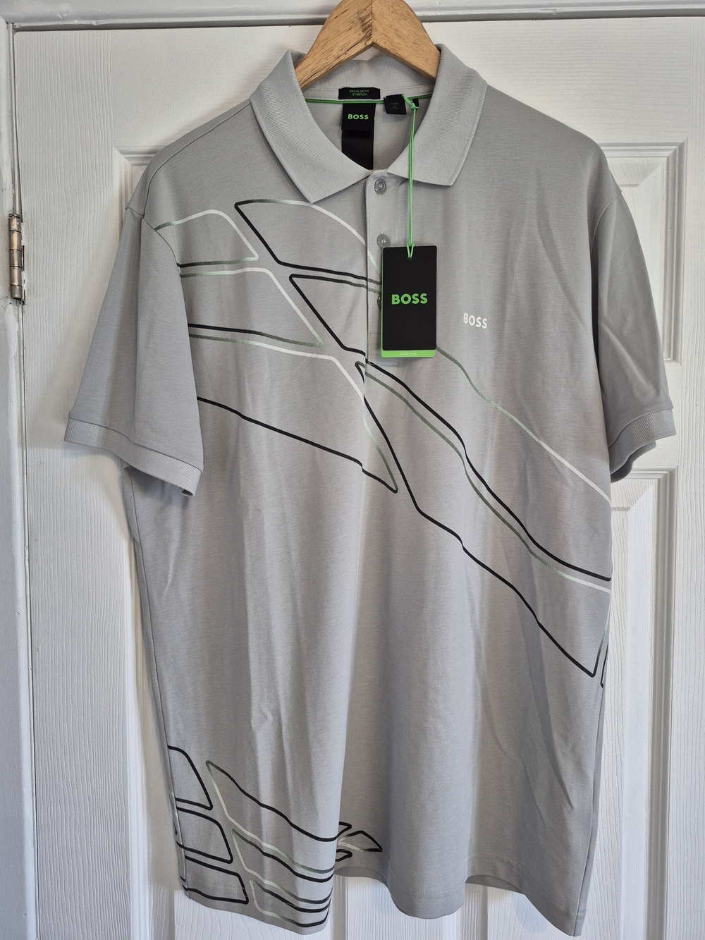 BOSS Light Gray Polo with Abstract Line Graphic